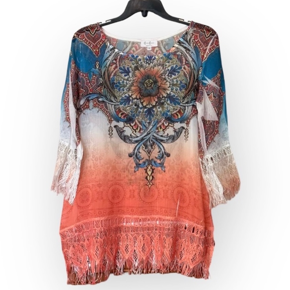 Cover Charge-Swimsuit Coverup-Lace & Fringe on sleeves & hem-EUC-Sz Small